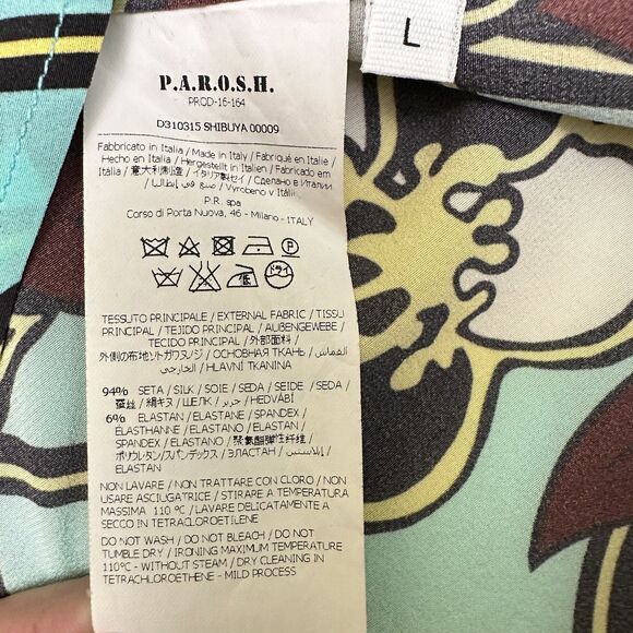 P.A.R.O.S.H. Women Blue Brown Floral Silk Crew Neck Short Sleeve Blouse Top Sz L - Picture 13 of 14